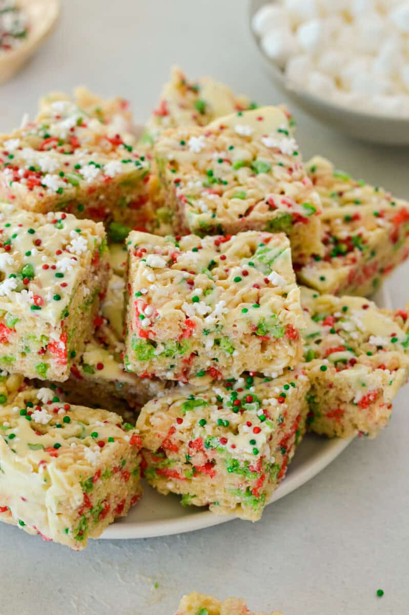 Plate of Christmas rice krispie treats.