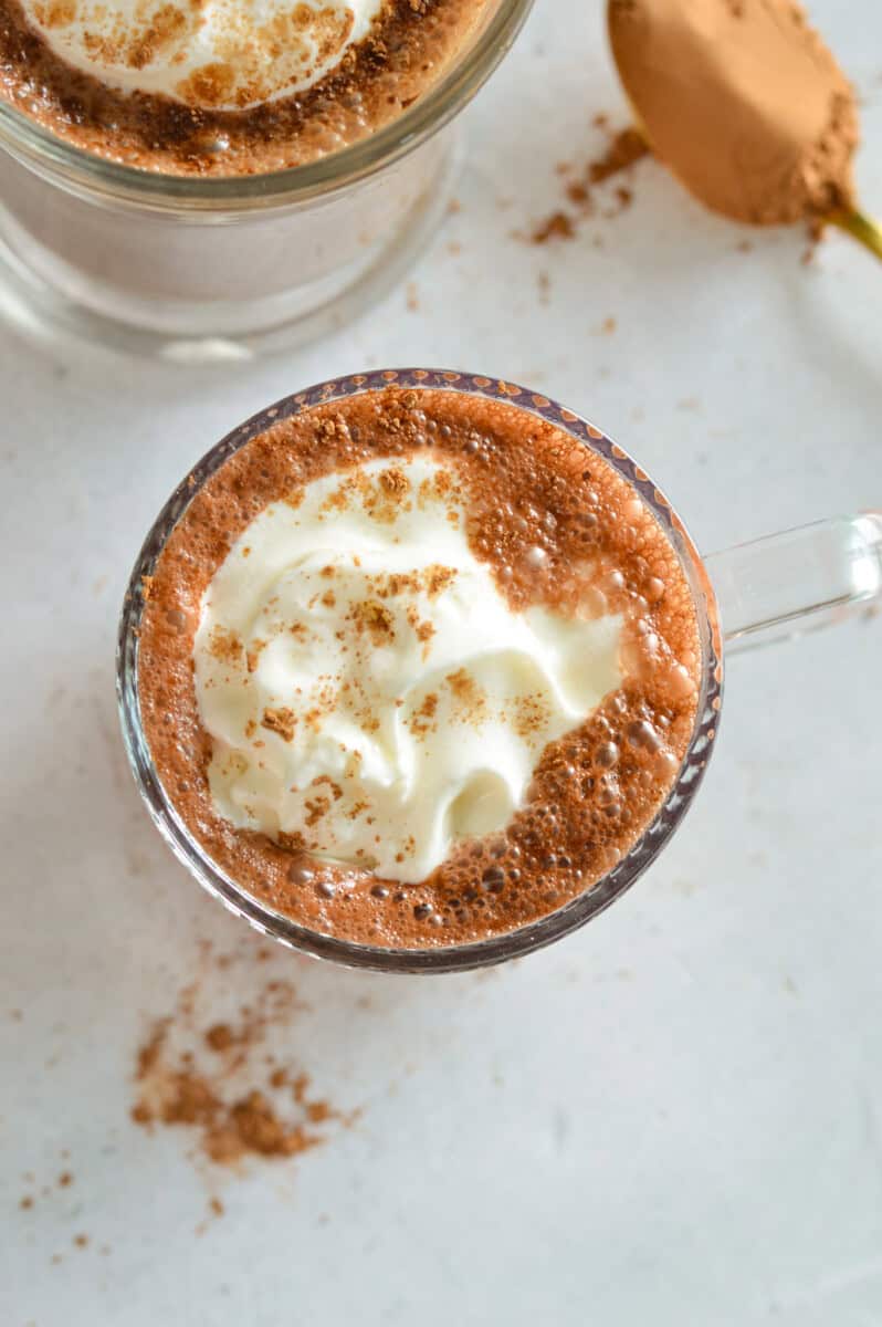 Birds eye of glass of protein hot chocolate.