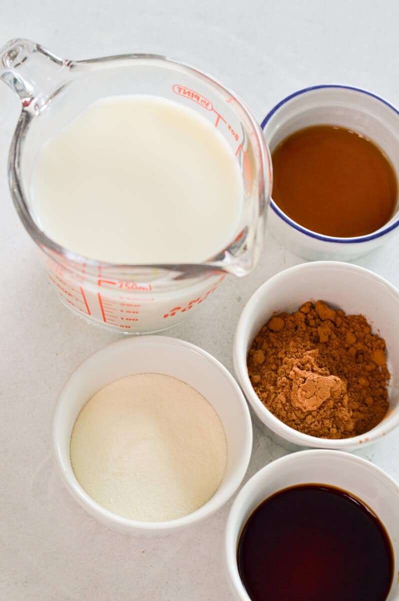 Ingredients including milk, protein powder, cocoa powder, maple syrup and vanilla.
