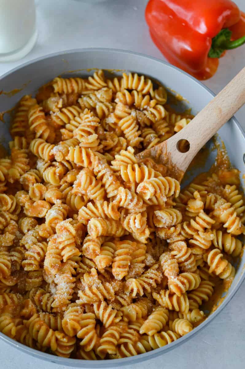Birds eye of pasta with roasted tomato sauce.