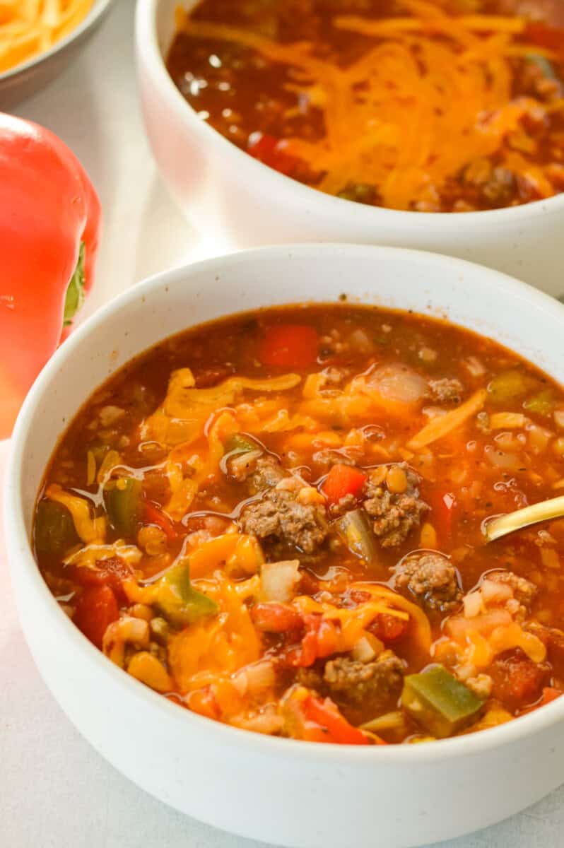 Bowl of slow cooker stuffed pepper soup.