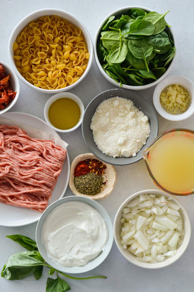 Birds eye of ingredients like ground chicken, spinach, broth, onion, spices, olive oil, sundried tomatoes, greek yogurt, parmesan cheese and pasta.