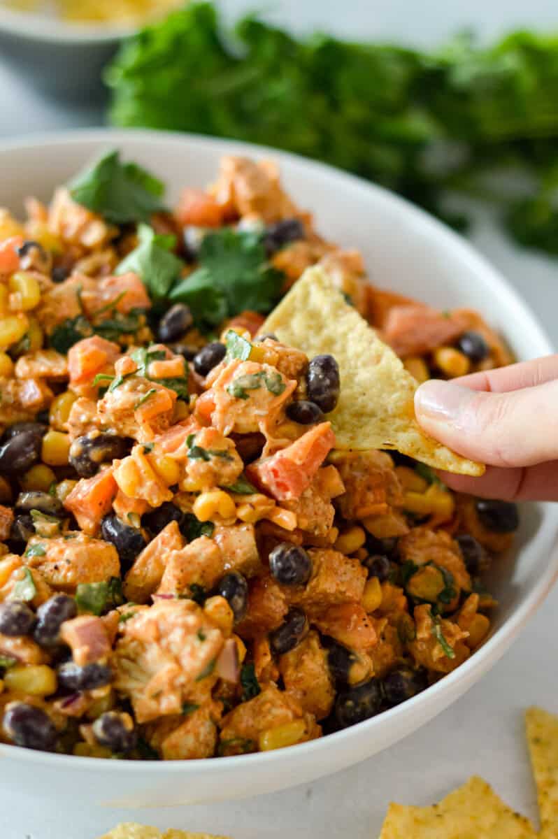 Close up of a bowl with southwest chicken salad.