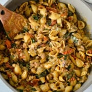 Pan of marry me chicken pasta.