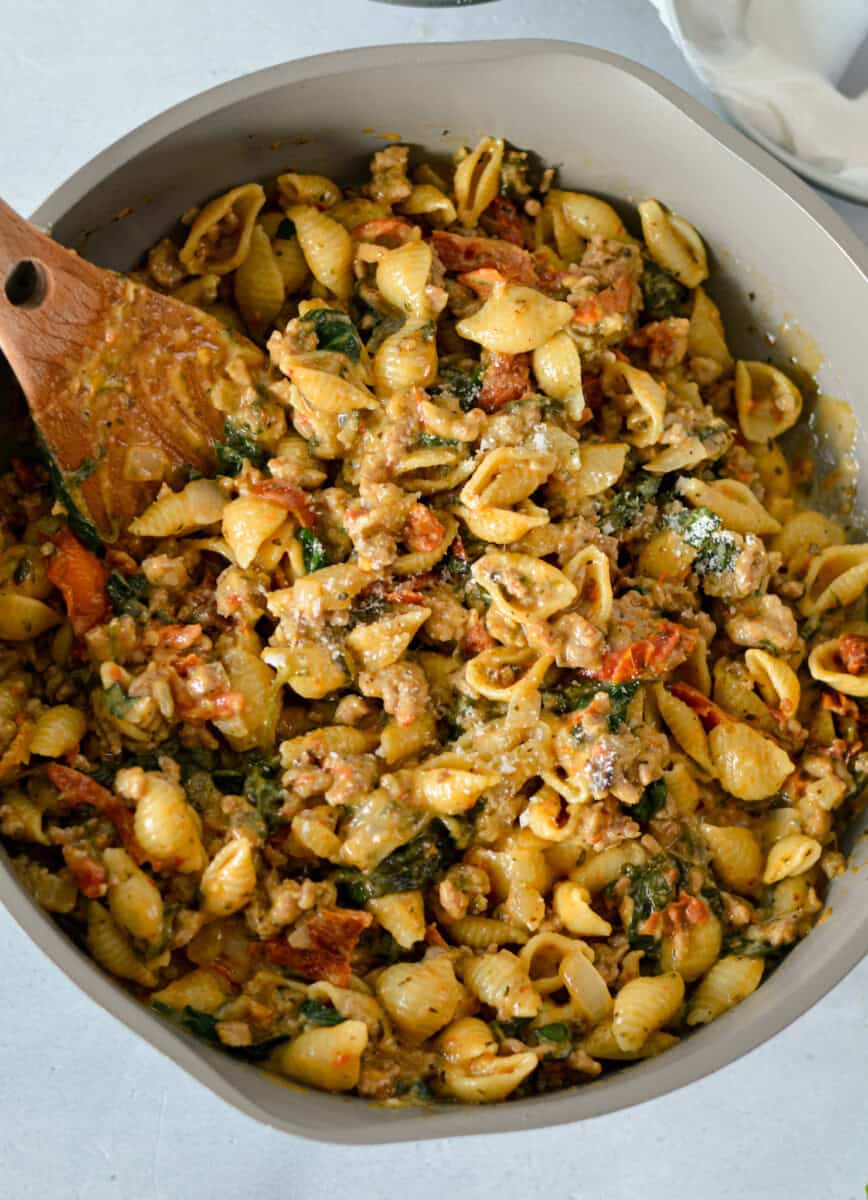 Pan of marry me chicken pasta.