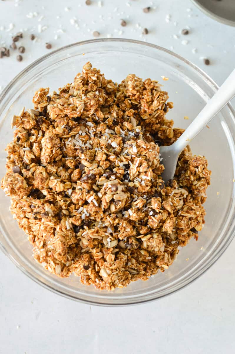 Mixing together all granola bar ingredients.