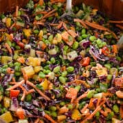Close up of mixed rainbow edamame salad.