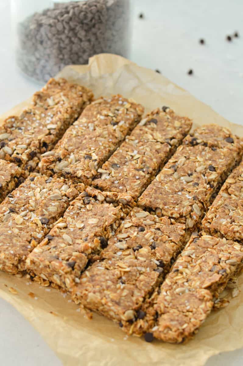Sliced gluten free granola bars.
