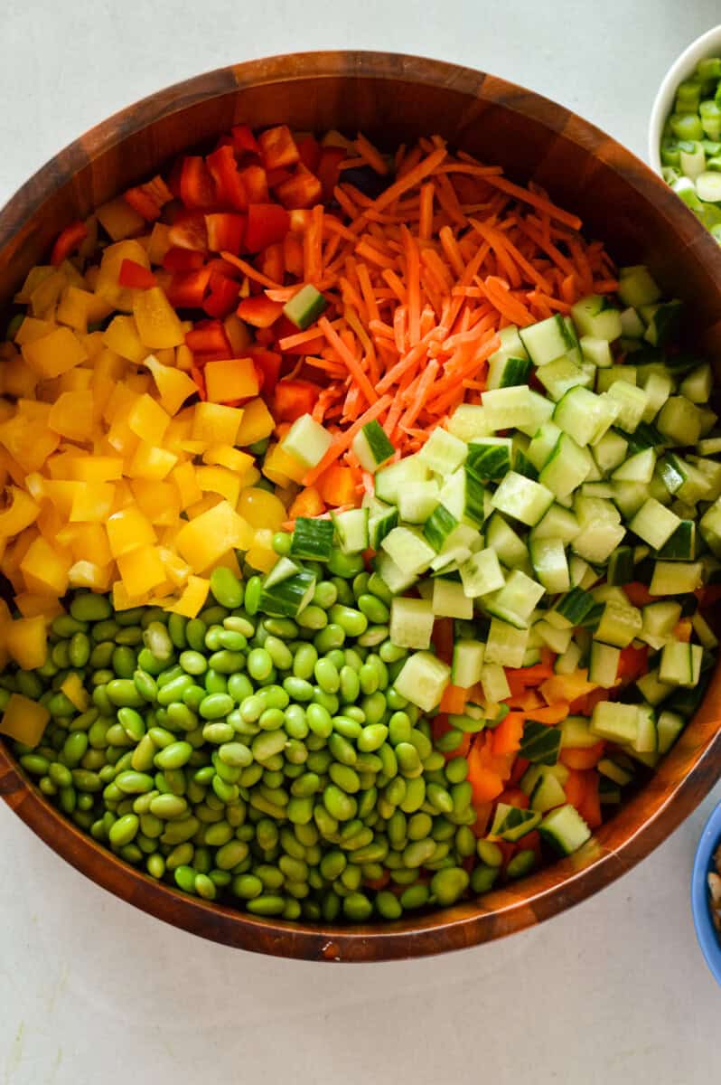 Unmixed rainbow edamame salad.