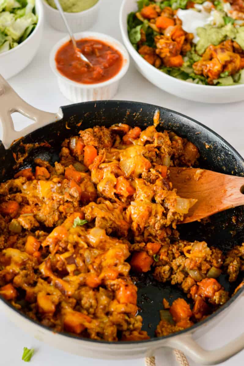 Close up of turkey sweet potato skillet.