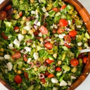 Birds eye of bowl with chopped Mediterranean salad.