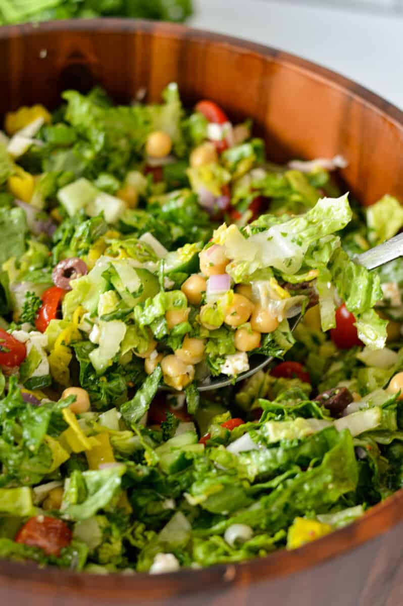 Close up of chopped Mediterranean salad.