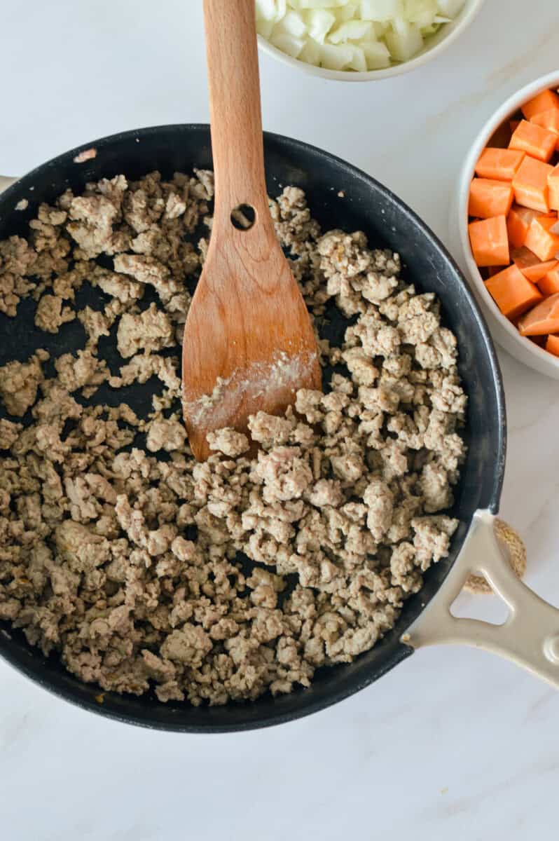 Cooking ground turkey in a skillet.