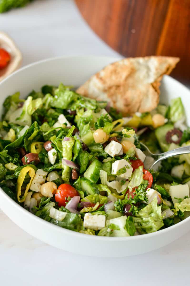 Bowl with chopped Mediterranean salad.