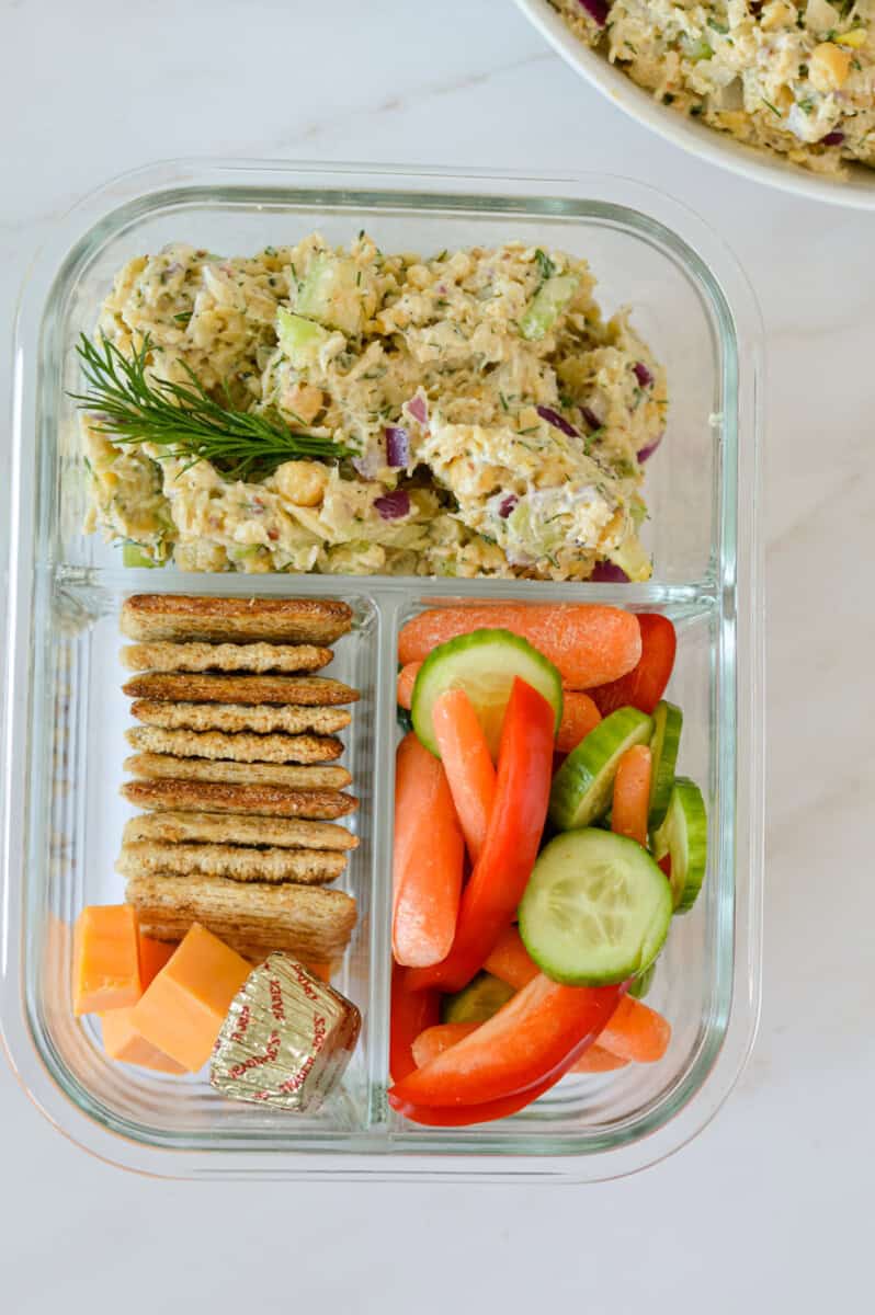 Birds eye of adult lunchable with chickpea tuna salad.