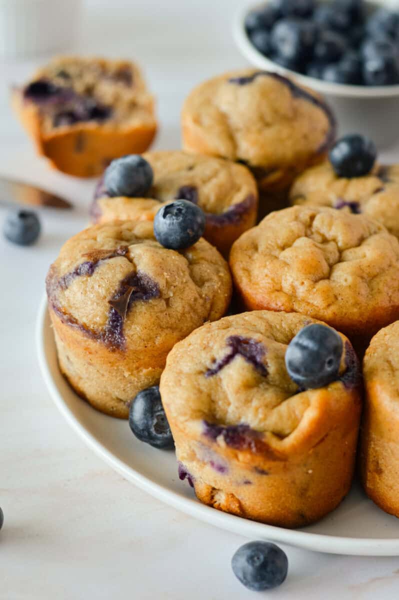 Close up of a plate with blueberry cottage cheese muffins.