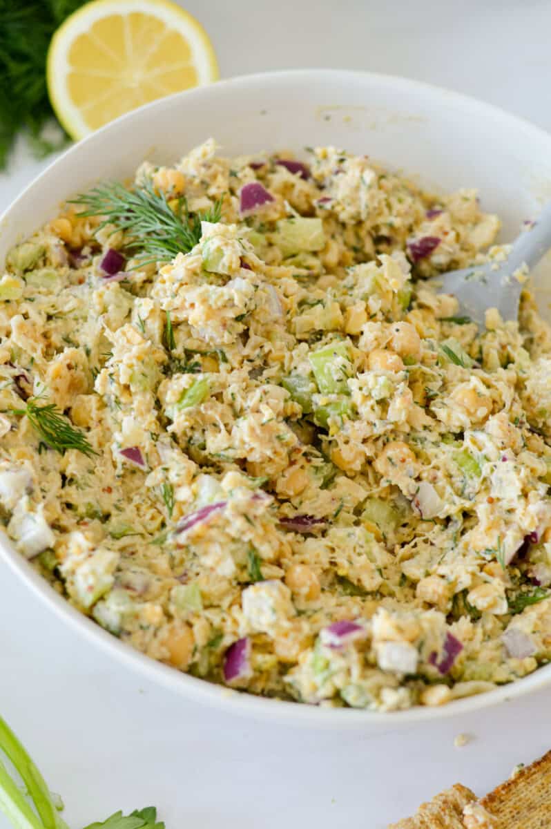 Bowl of chickpea tuna salad.
