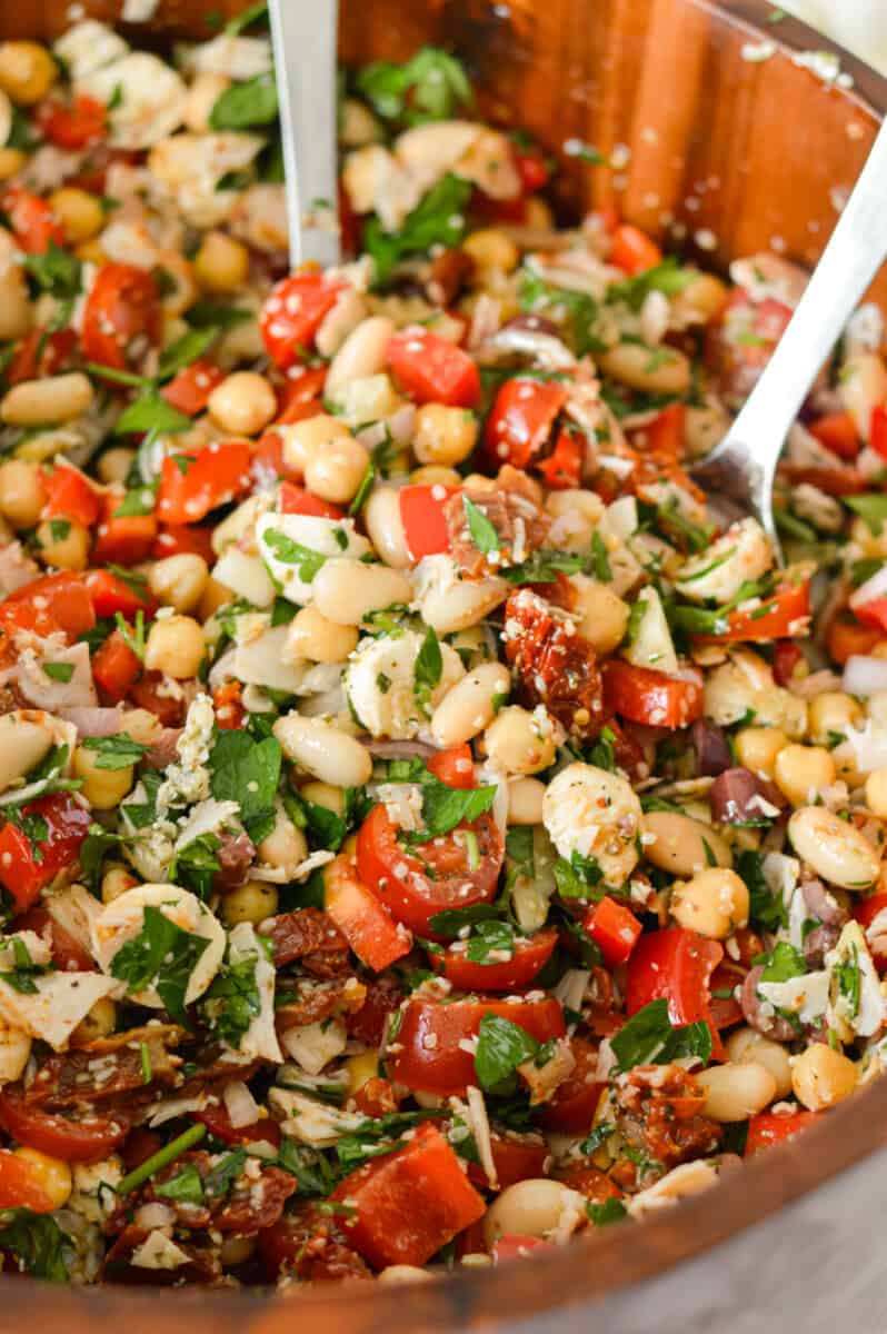 Close up of dense mixed bean salad.