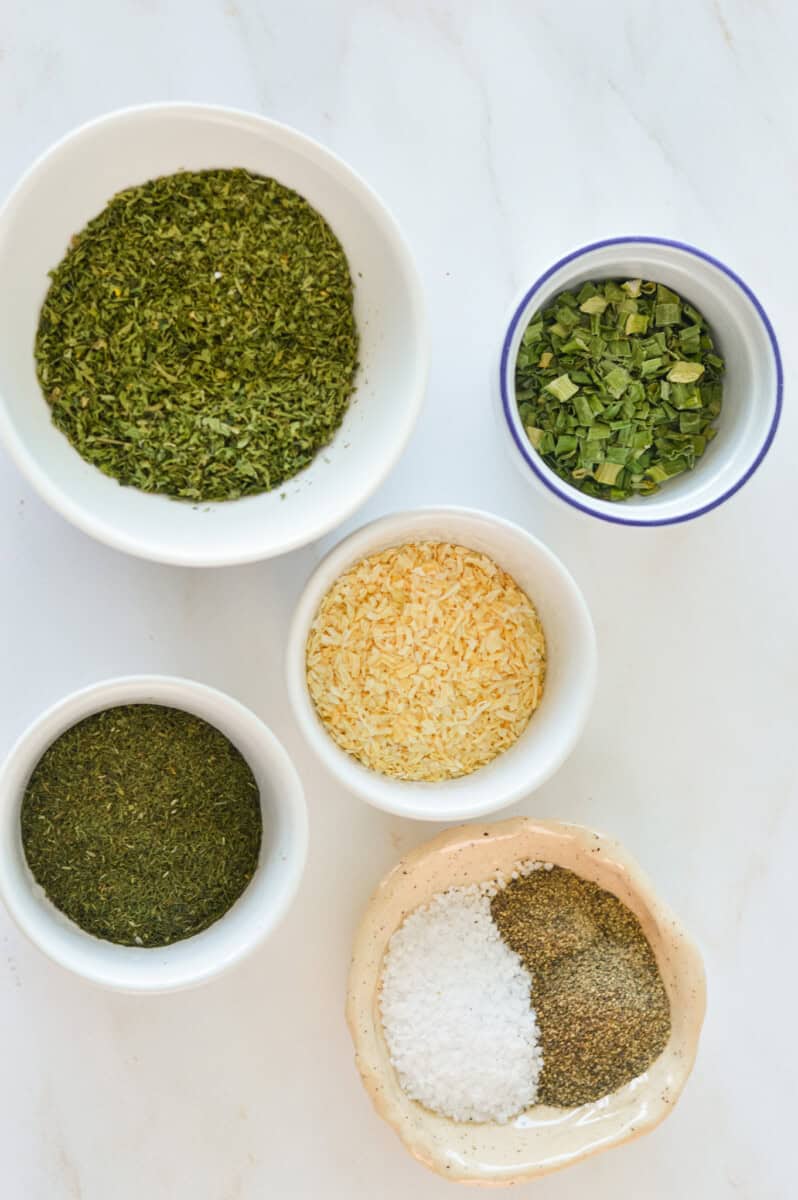 Ingredients including dried dill, parsley, onion powder, garlic powder, onion flakes, salt and pepper.
