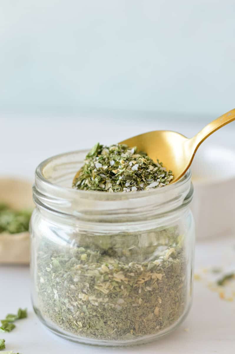 Side view of a jar with ranch dip seasoning.