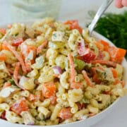 Close up of chicken macaroni pasta salad.