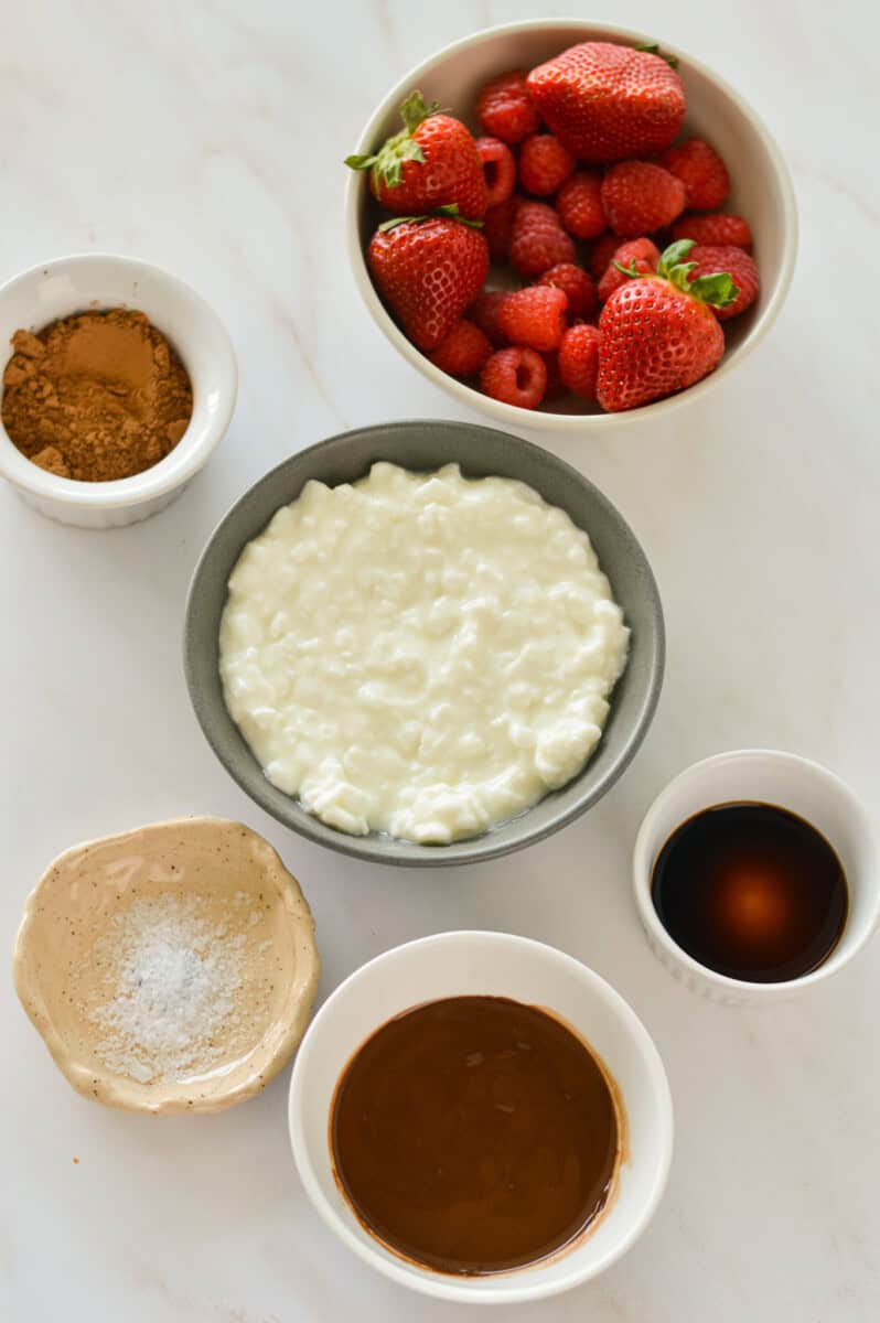 Ingredients including cottage cheese, chocolate chips, cocoa powder, salt and vanilla extract.