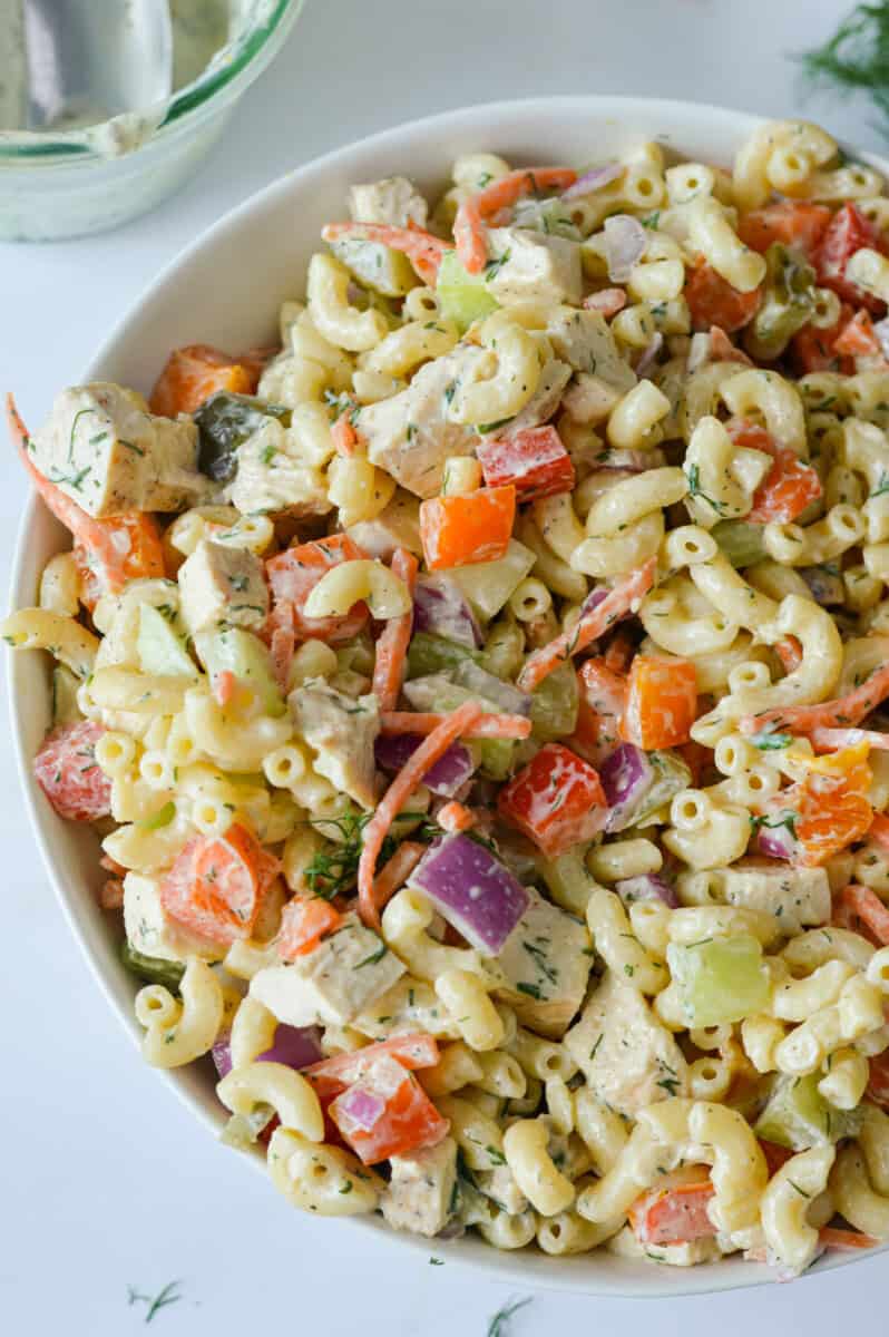 Close up of chicken macaroni pasta salad.