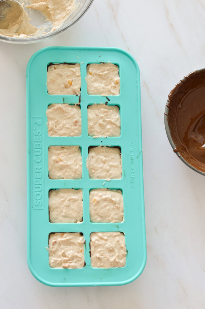 Icecube tray with frozen banana bites.