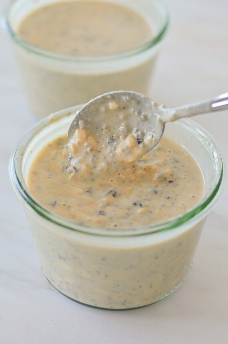Mixing together salted caramel overnight oats.