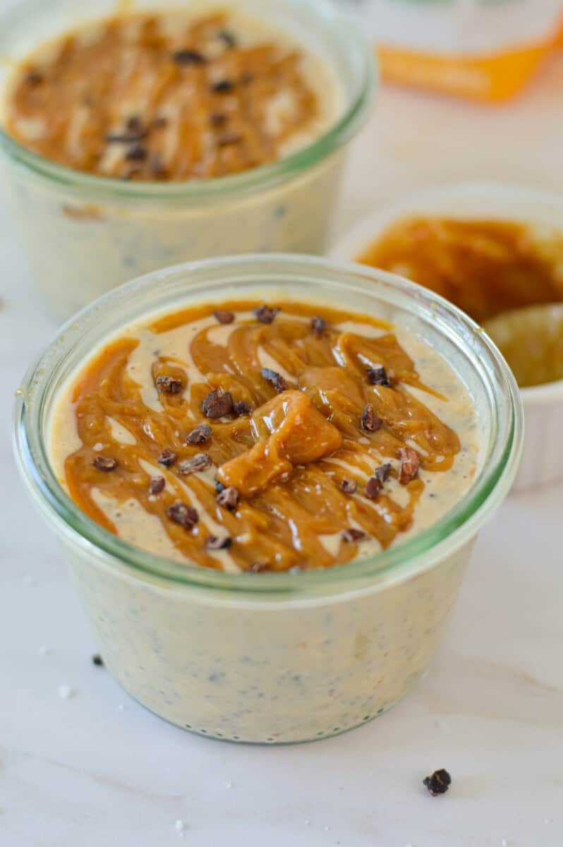 Close up of salted caramel overnight oats.