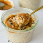 Close up of jar with salted caramel overnight oats.