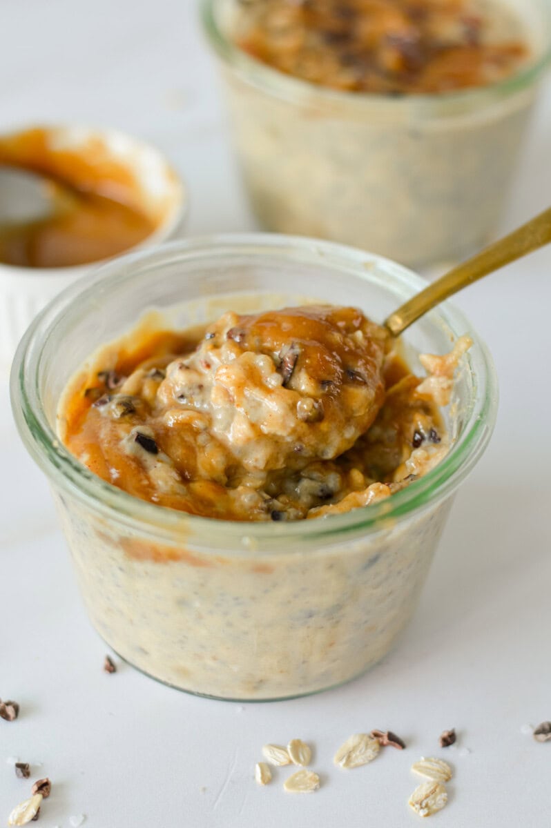 Close up of jar with salted caramel overnight oats.