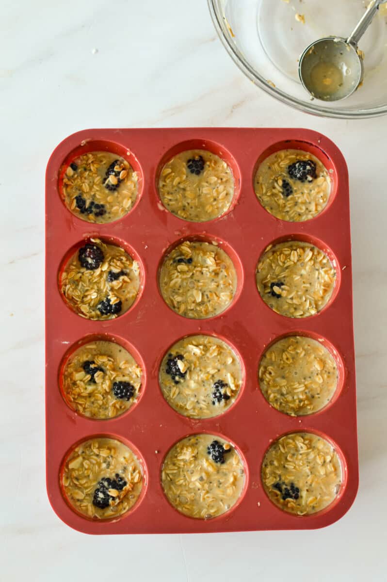 Muffin tray with lemon and blackberry baked oatmeal cups.