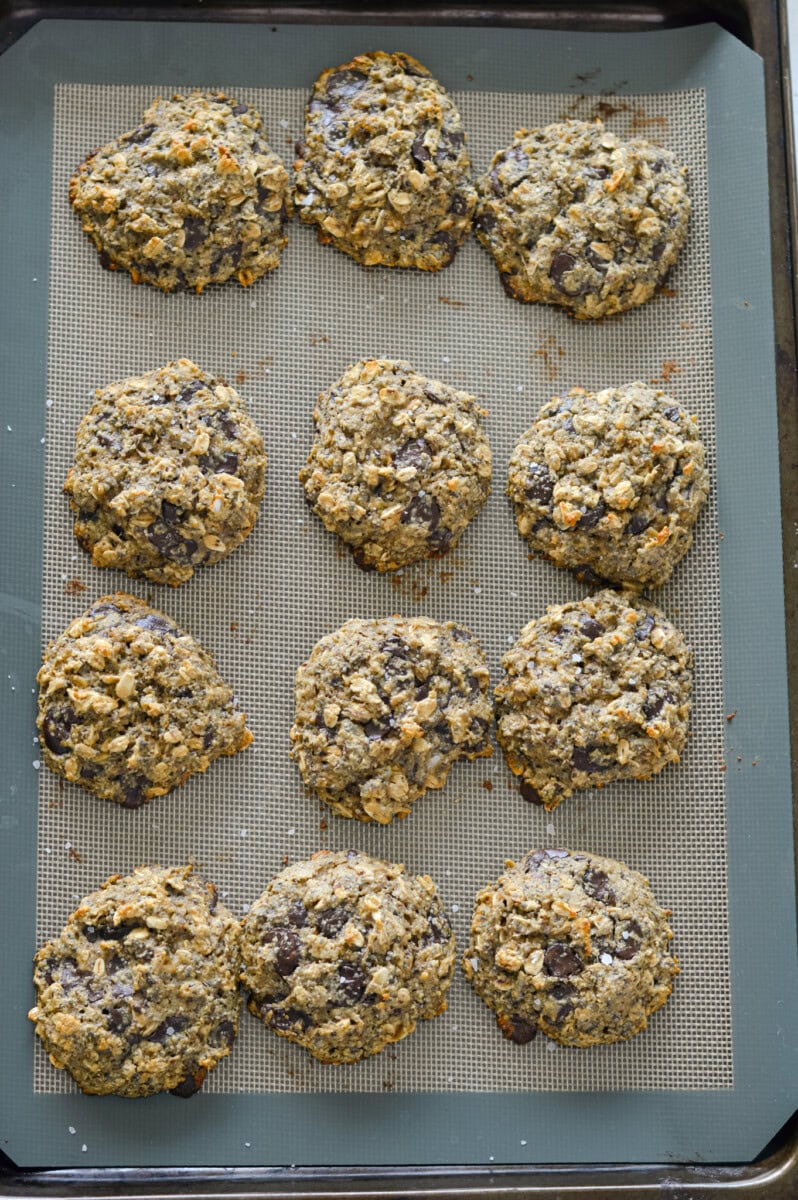 Birds eye of a tray with banana oatmeal chocolate chip cookies.