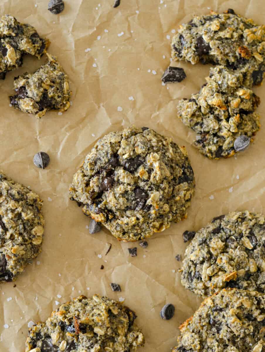 Birds eye of banana and oatmeal chocolate chip cookies.