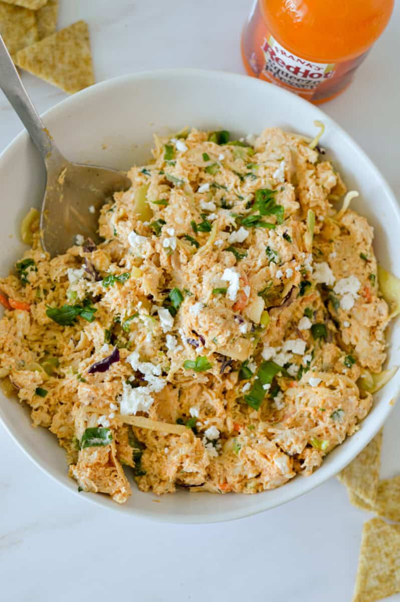 Birds eye of a bowl of buffalo chicken salad.