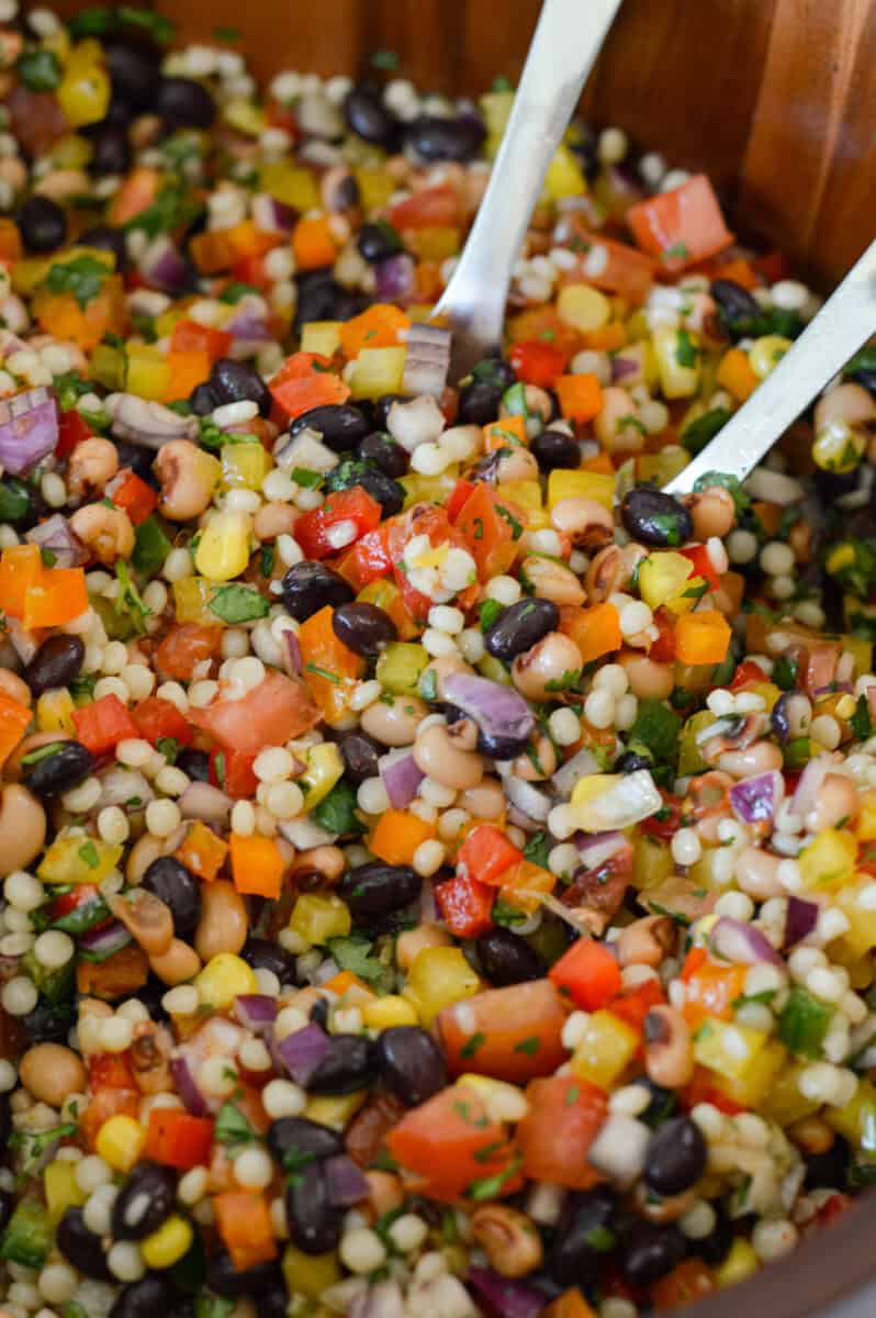Close up of cowboy caviar couscous salad.