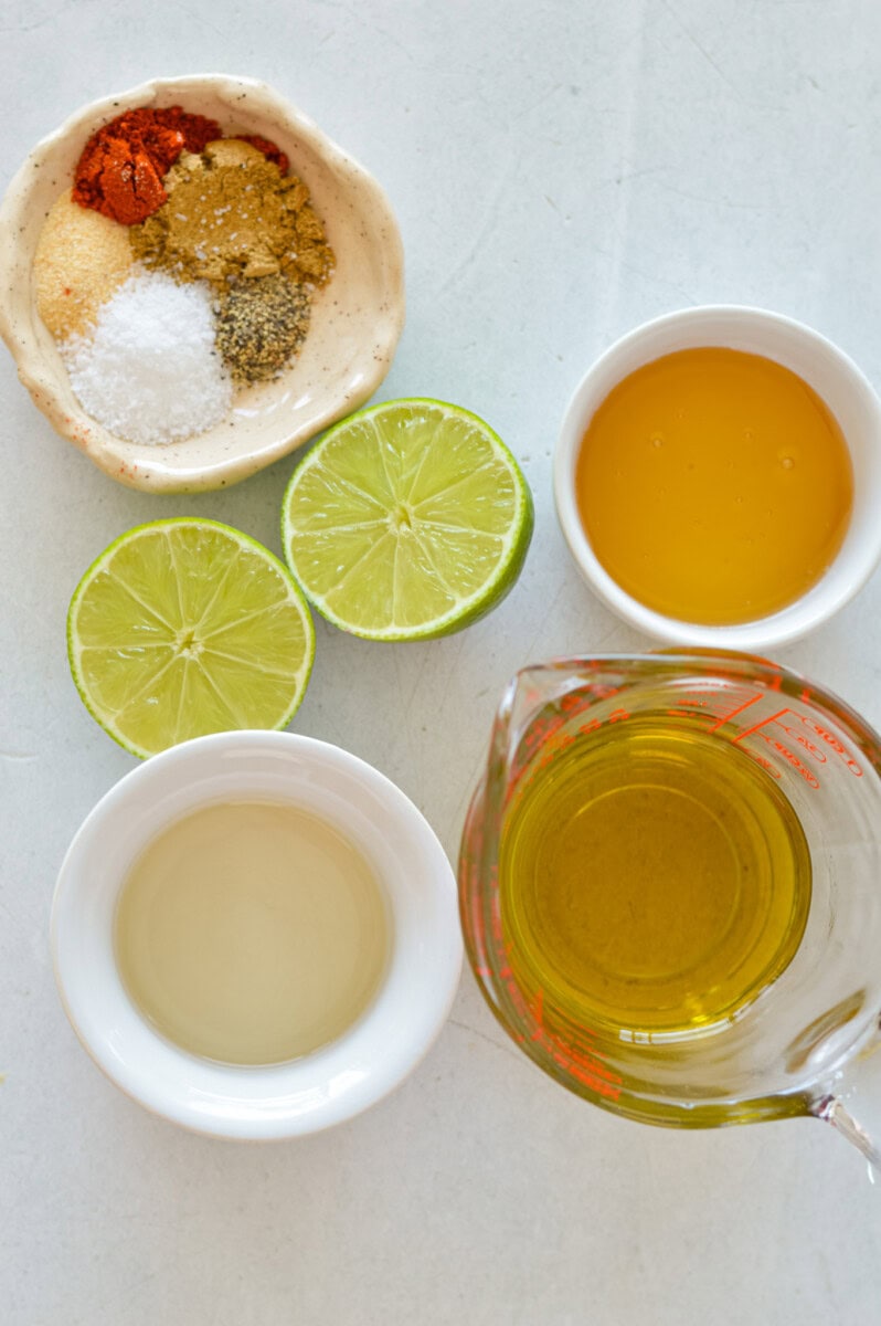 Ingredients including olive oil, honey, lime and salt.