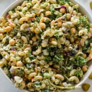 Birds eye of a bowl of dill pickle pasta salad.