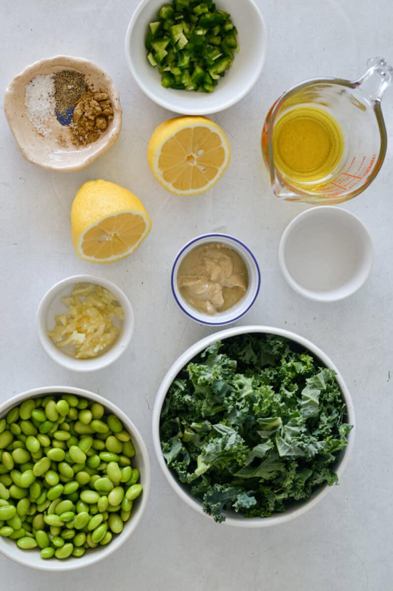 Birds eye of ingredients including edamame, lemon, garlic, jalapeno, kale, spices, olive oil and tahini.