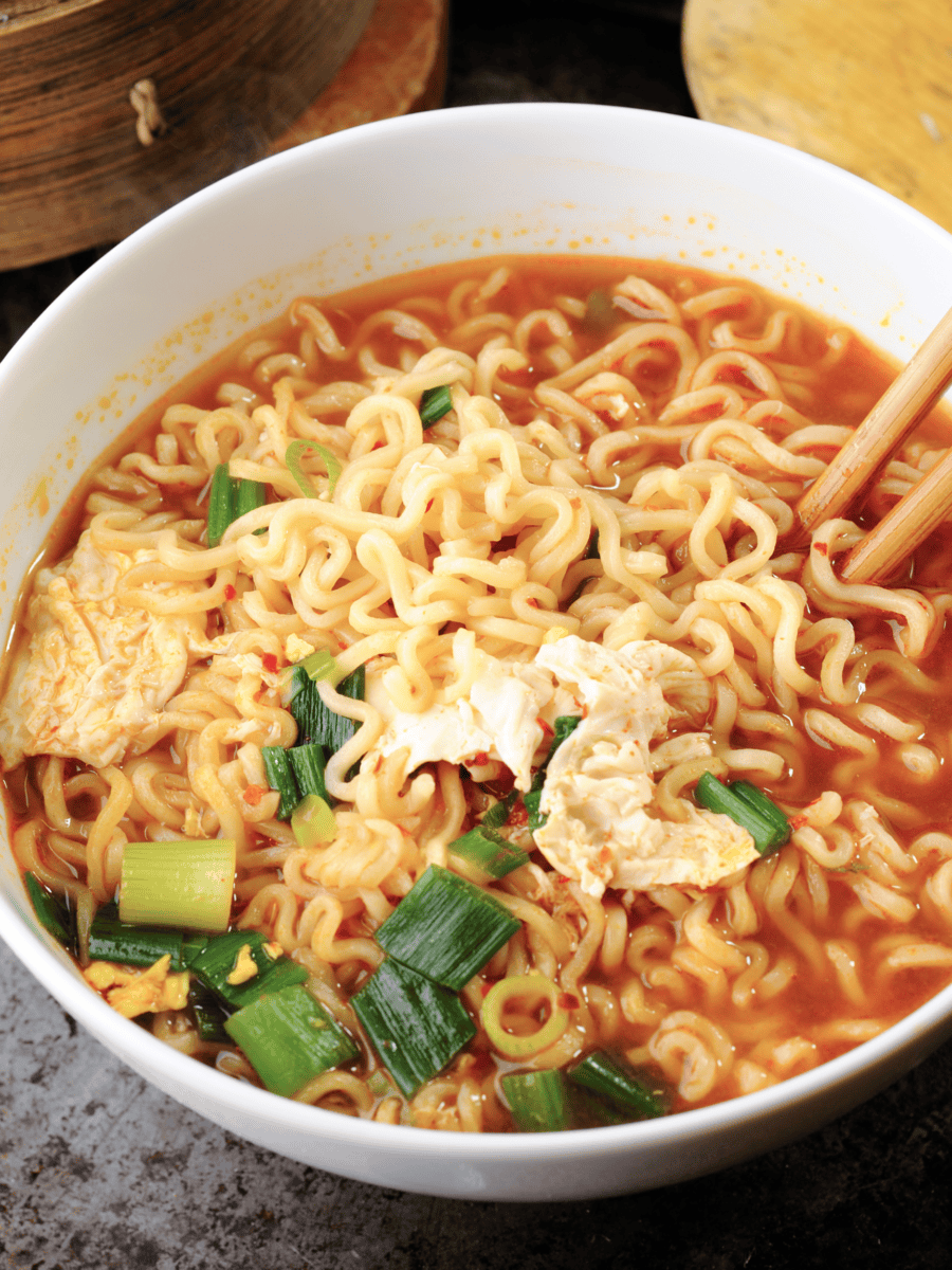 Ramen noodles in a bowl with vegetables