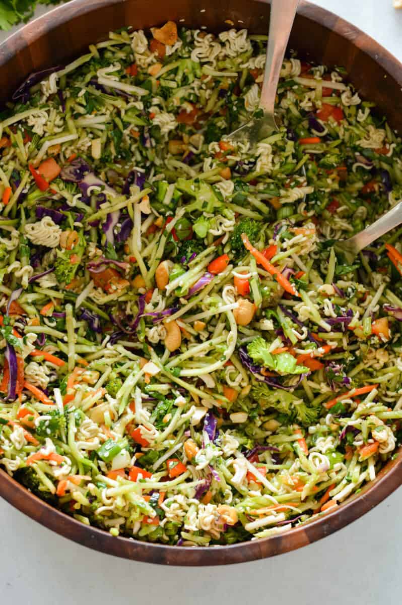 Close up of broccoli coleslaw salad.