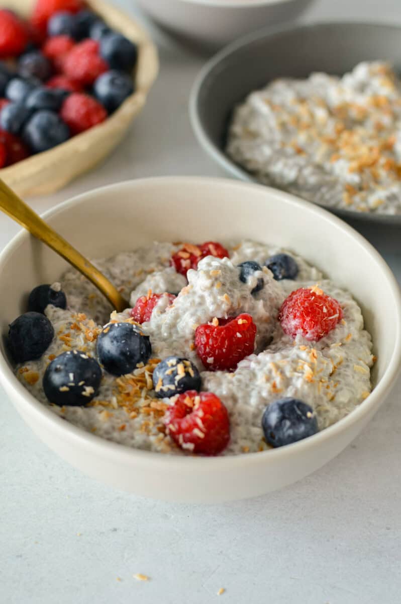 Bowl of chia pudding topped with berries.