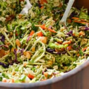 Close up of broccoli coleslaw salad.