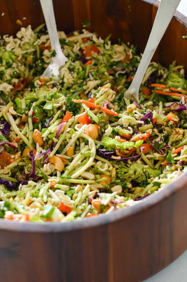 Close up of broccoli coleslaw salad.