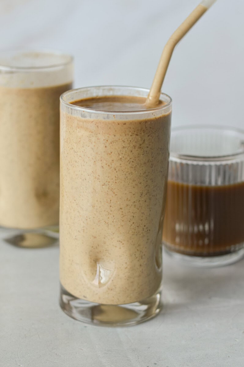 Glass of banana coffee smoothie.