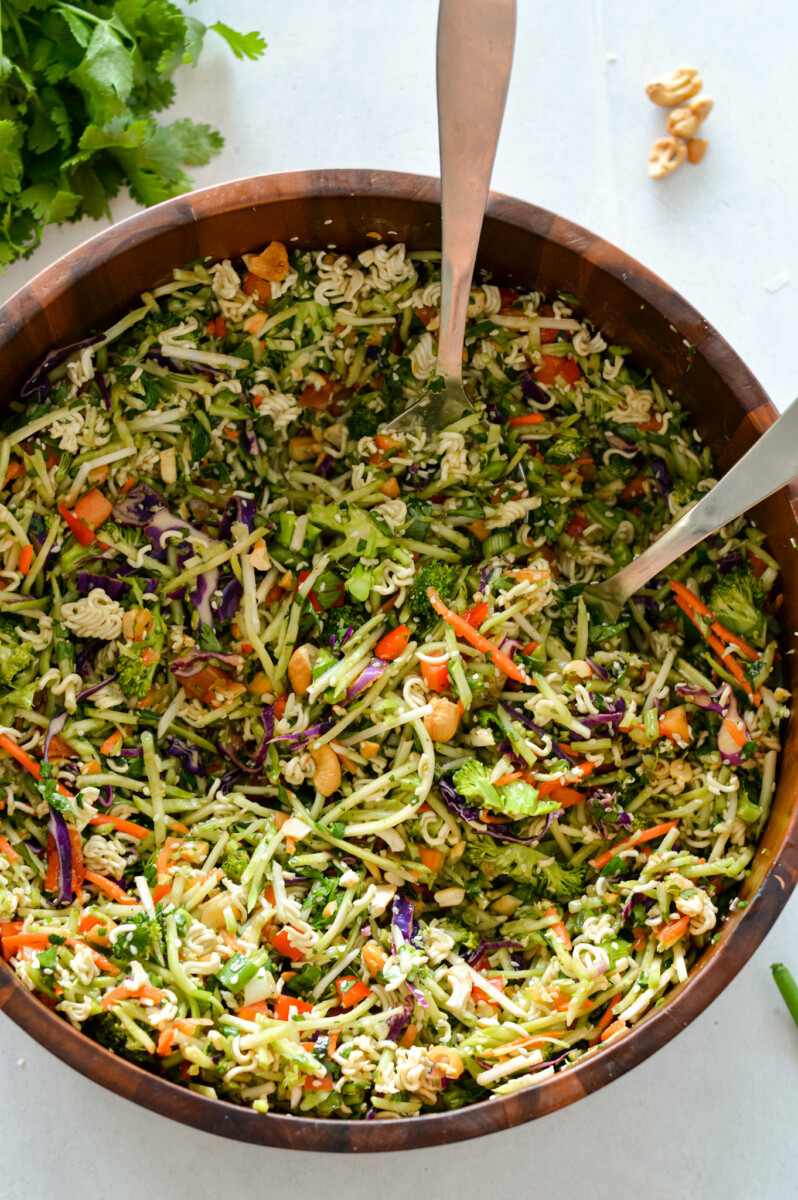 Birds eye of a bowl of mixed broccoli coleslaw salad.