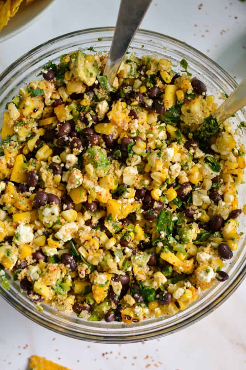 Mixing bowl of black bean corn salsa.