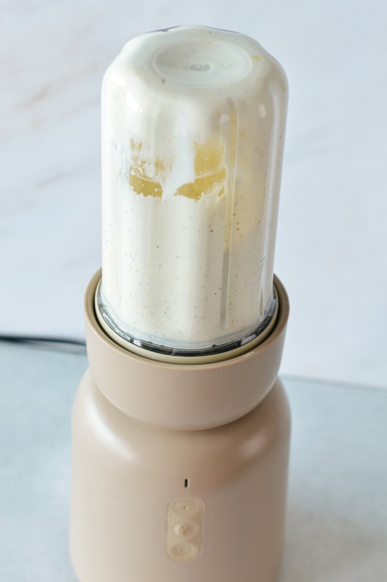 Blending a creamy high protein dressing for tuna pasta salad.