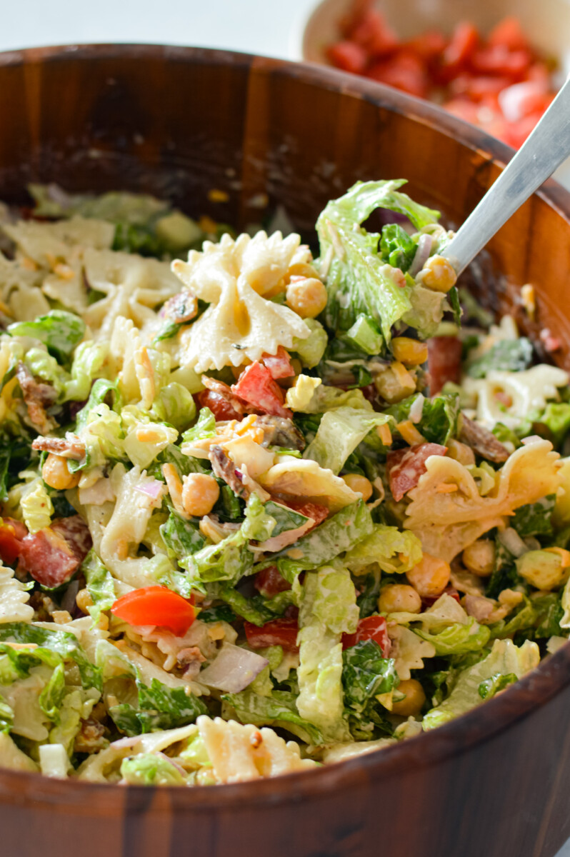 Close up of BLT pasta salad.